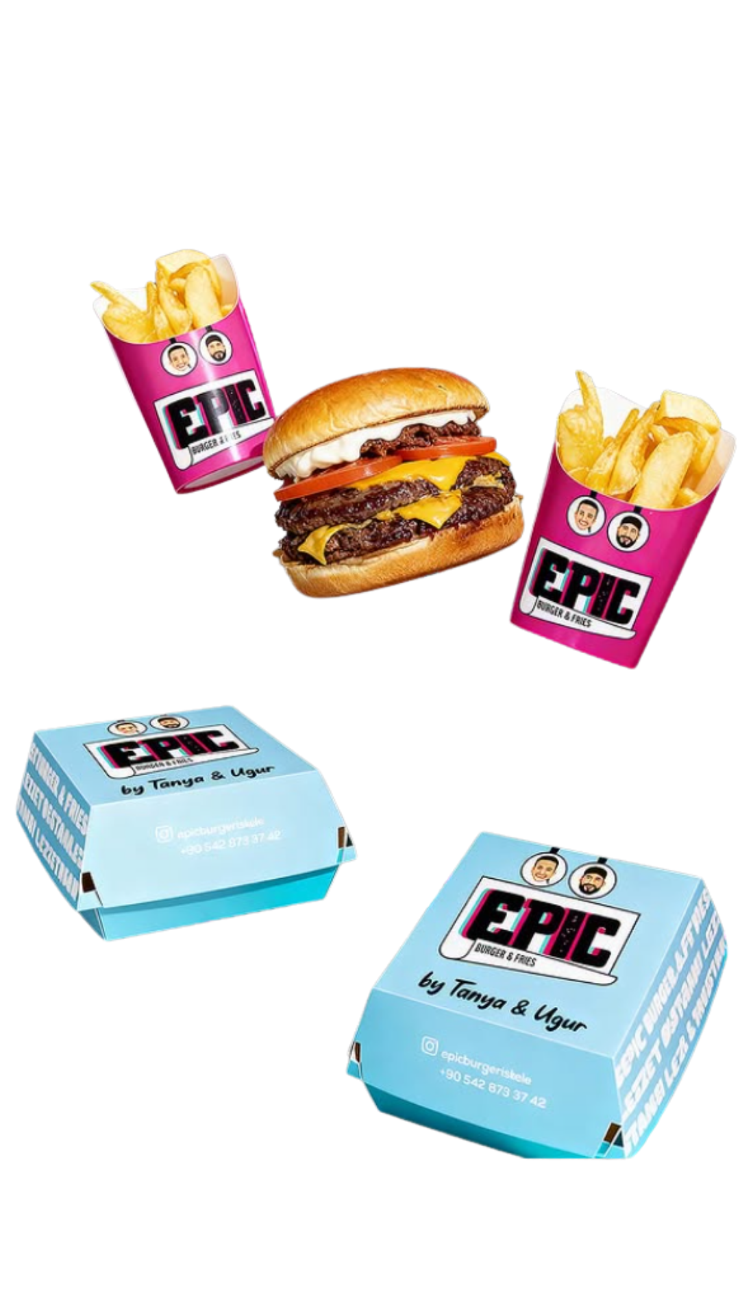 Epic Burger Combo Pack — burger, fries, branded boxes